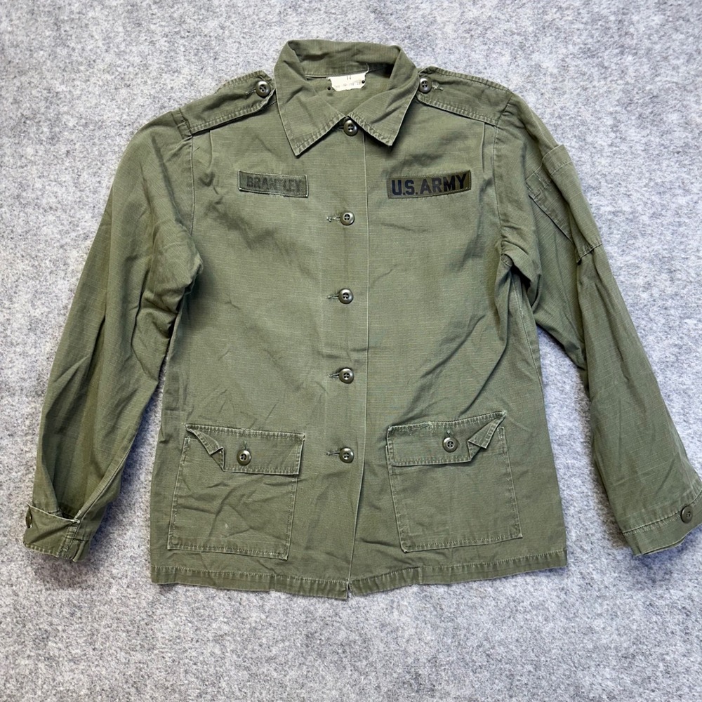 US Army Utility Shirt Women M Green Vintage 70s OG-107 Cotton Sateen Jacket VTG